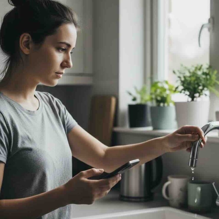 Vrouw bij waterkraan