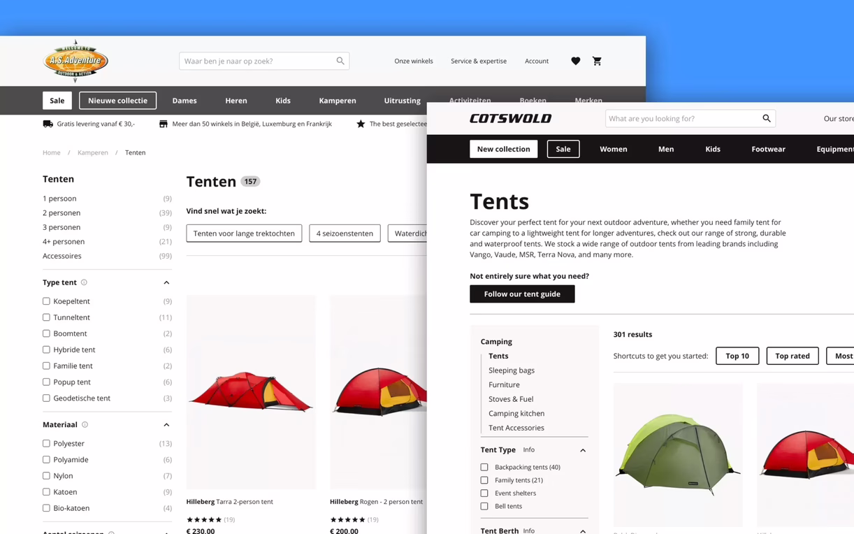 Vergelijking tussen tenten-categorie pagina bij AS Adventure vs. Cotswold