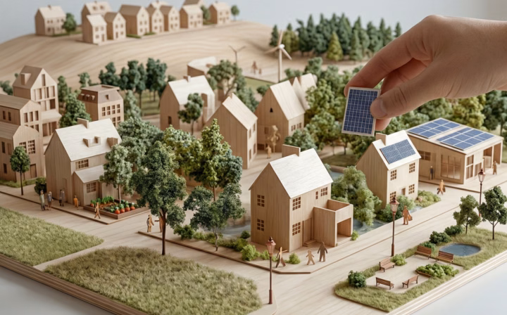 Verduurzaming in woonwijk, gevisualiseerd als maquette