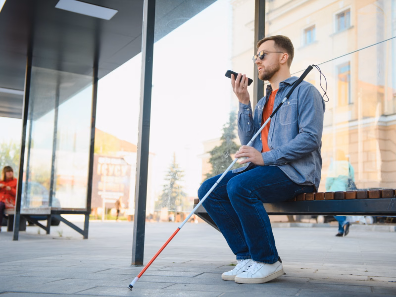Man with a white cane talking on the phone while waiting for public transport