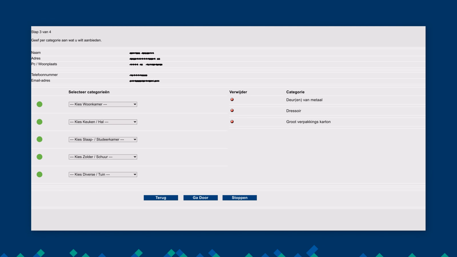 Screenshot of the bulky waste collection request form for the Municipality of Purmerend. The form uses a two-column layout, and all buttons have the same shape.