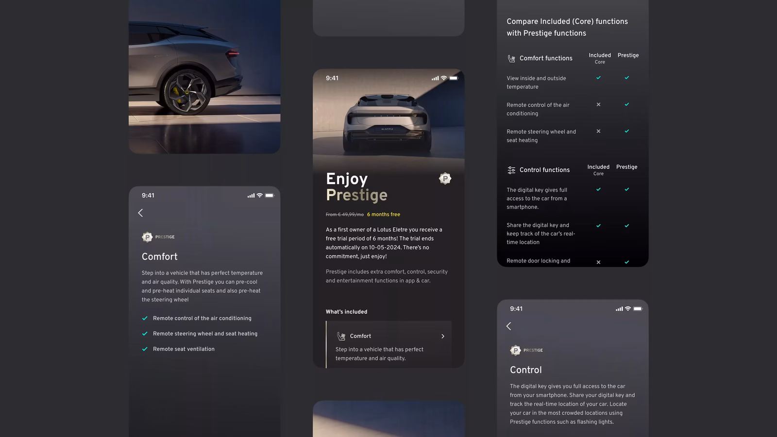 Screenshots van de app van de Lotus Eletre