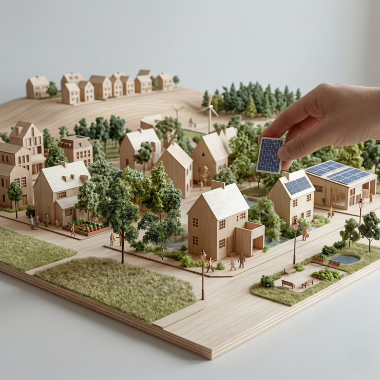 Verduurzaming in woonwijk, gevisualiseerd als maquette